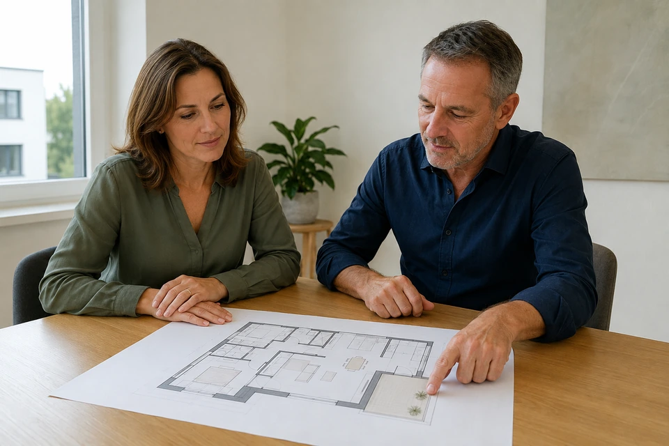 Symbolischer fachlicher Austausch anhand eines Wohnungsgrundrisses