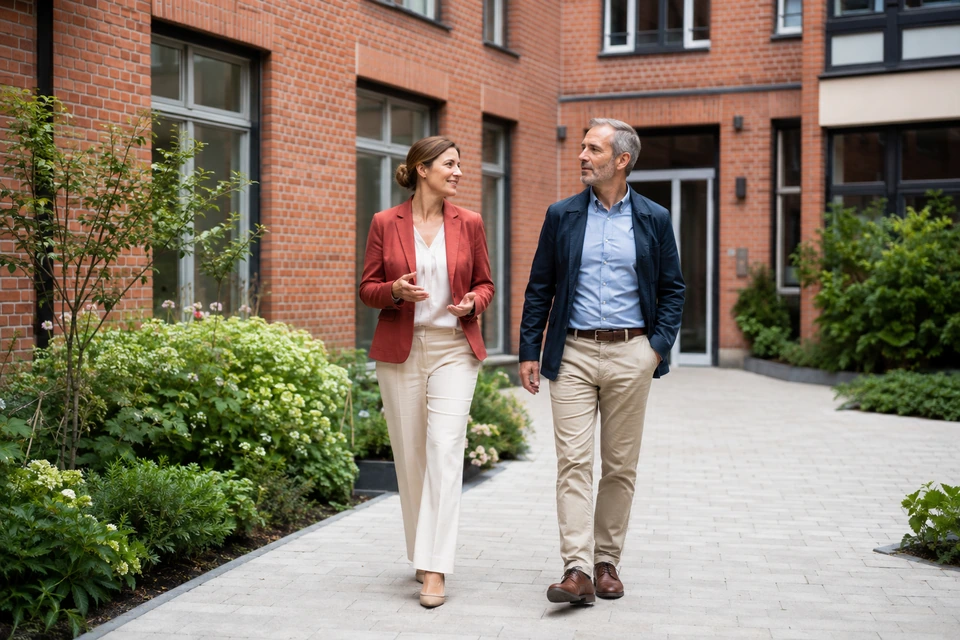 Symbolischer gemeinsamer Weg durch den Hof eines deutschen Backsteinhauses