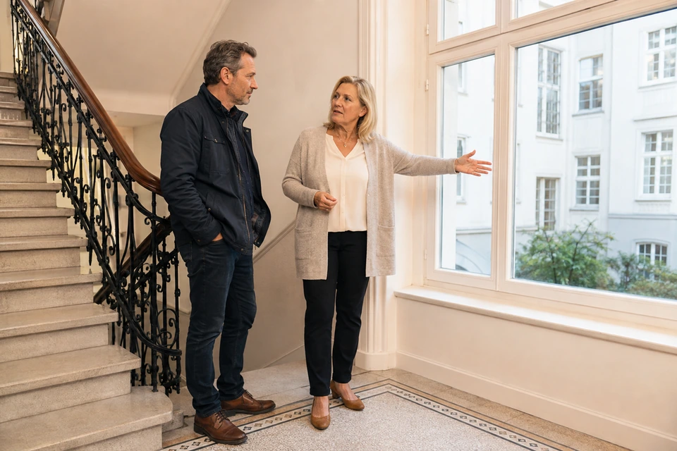 Symbolisches Immobiliengespräch im Treppenhaus eines deutschen Altbaus
